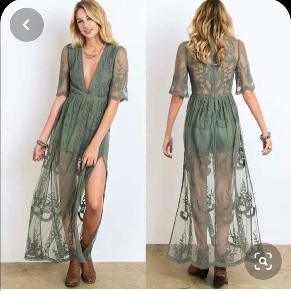 Wishlist Embroidered Lace Green Maxi Dress